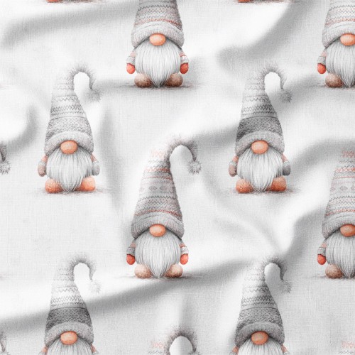 Tkanina bawełniana Szare skrzaty w dzianinowych czapkach na białym tle – tkanina drukowana na metry