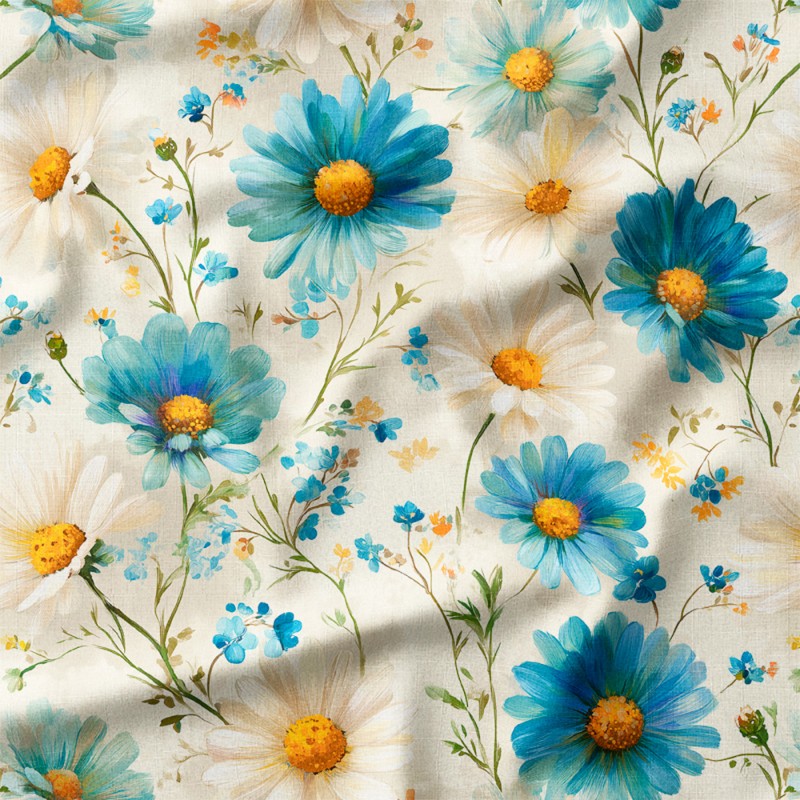 Błękitne i białe stokrotki na kremowym tle – bawełna z nadrukiem