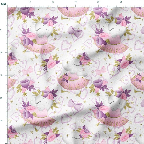 Dresówka z elastanem Słoniki baletnice wśród kwiatów i serduszek – dzianina drukowana na metry