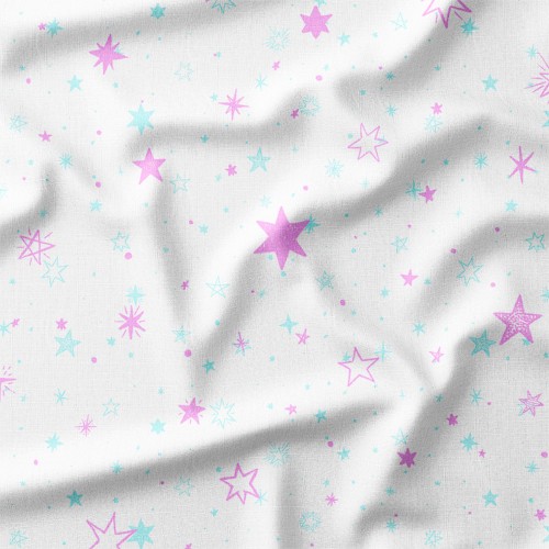 Dresówka z elastanem Fioletowe i błękitne gwiazdki na białym tle – dzianina drukowana na metry