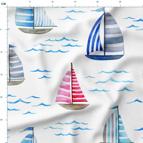 Dresówka z elastanem Żaglówki w pasy na morskich falach – dzianina drukowana na metry