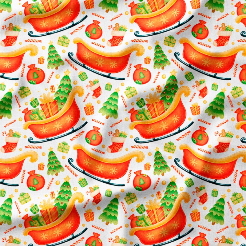 Sanie Mikołaja z prezentami i choinkami – dresówka z nadrukiem