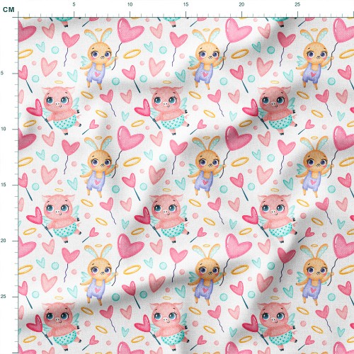 Dresówka z elastanem Uśmiechnięte świnki i króliczki aniołki z sercami – dzianina drukowana na metry