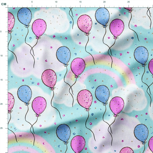 Dresówka z elastanem Różowe i niebieskie balony wśród tęcz i obłoków – dzianina drukowana na metry