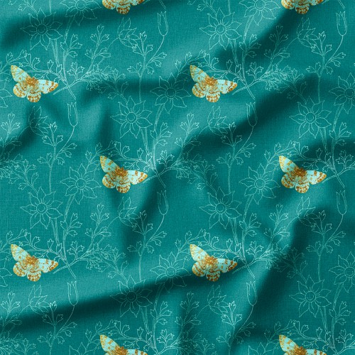 Dresówka z elastanem Złote motyle wśród konturowych kwiatów – dzianina drukowana na metry