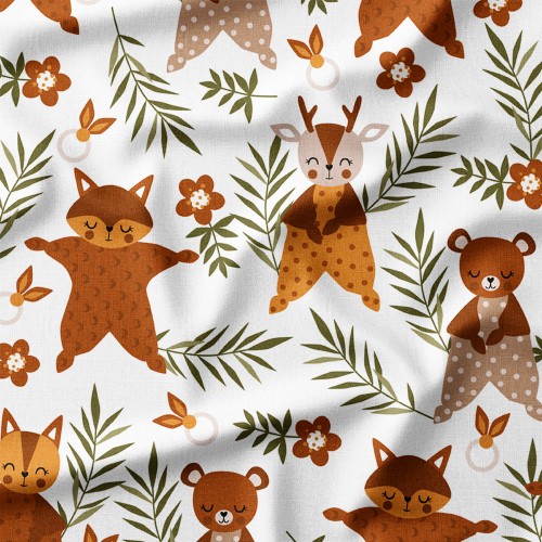 Dresówka z elastanem Leśne zwierzątka-przytulanki na białym tle – dzianina drukowana na metry