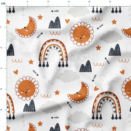Dresówka z elastanem Śpiące księżyce i słoneczka z tęczami boho – dzianina drukowana na metry