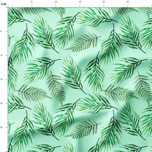 Dresówka z elastanem Palmowe i paprociowe liście na miętowym tle – dzianina drukowana na metry