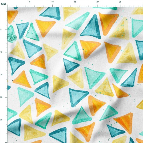 Dresówka z elastanem Trójkąty w pomarańczu i turkusie na białym tle – dzianina drukowana na metry