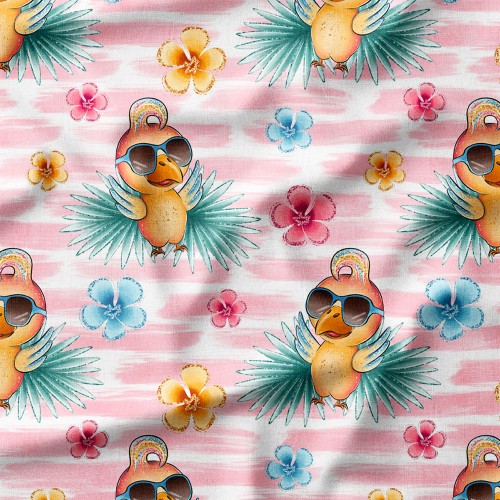 Dresówka z elastanem Papugi w okularach na różowych pasach – dzianina drukowana na metry