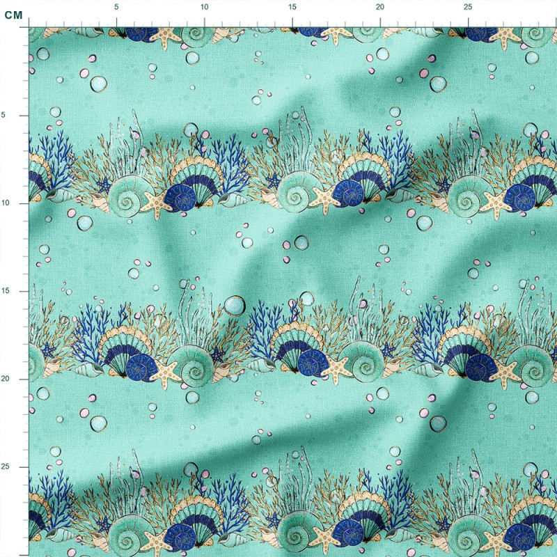 Dresówka z elastanem Muszle i rozgwiazdy w morskich pasach – dzianina drukowana na metry