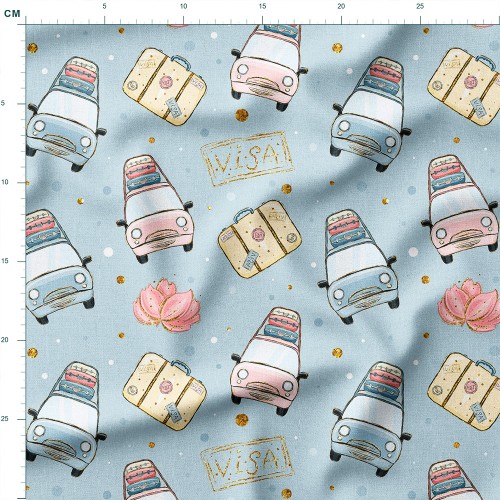 Dresówka z elastanem Retro samochody z walizkami i stemplami Visa – dzianina drukowana na metry