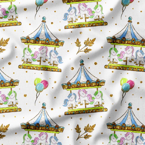 Dresówka z elastanem Karuzele z kucykami i baloniki – dzianina drukowana na metry