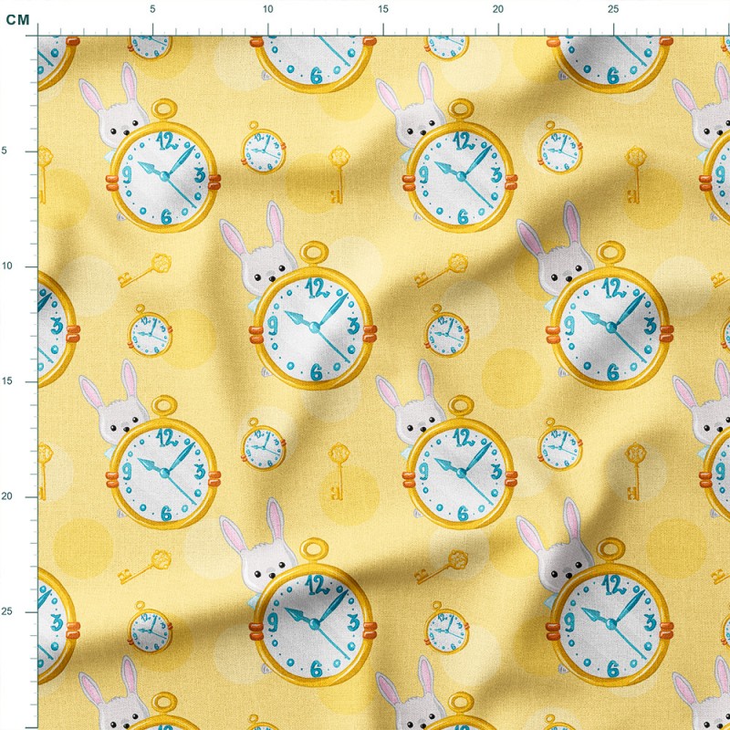 Dresówka z elastanem Króliczki z zegarami i kluczykami na żółtym tle – dzianina drukowana na metry