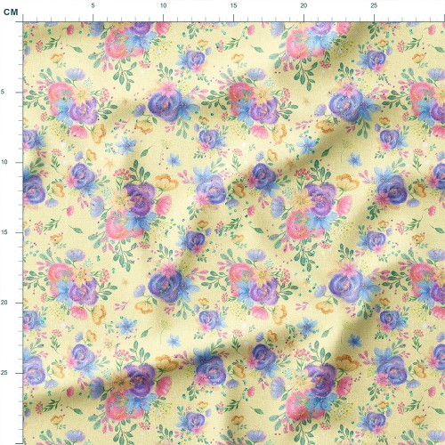 Dresówka z elastanem Akwarelowe bukiety kwiatów na żółtym tle – dzianina drukowana na metry