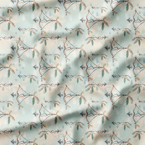 Dresówka z elastanem Łuki ze strzałami i piórami na miętowym tle – dzianina drukowana na metry