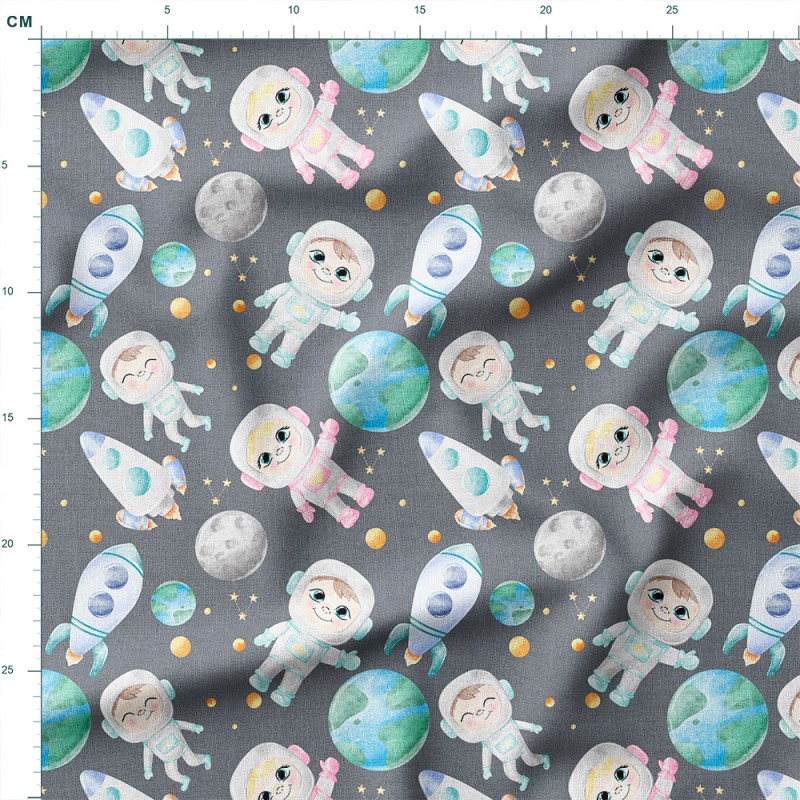 Dresówka z elastanem Uśmiechnięci astronauci wśród rakiet i planet – dzianina drukowana na metry