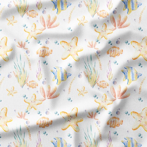 Dresówka z elastanem Uśmiechnięte rozgwiazdy i rybki wśród wodorostów – dzianina drukowana na metry