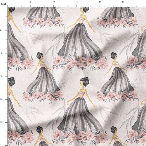 Dresówka z elastanem Kobiety w szarych suknich z różowymi kwiatami – dzianina drukowana na metry