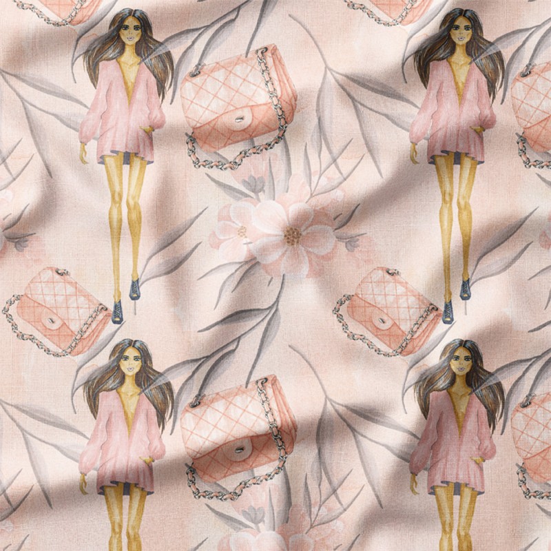 Modelka w różu z pikowaną torebką i kwiatami – dresówka z nadrukiem