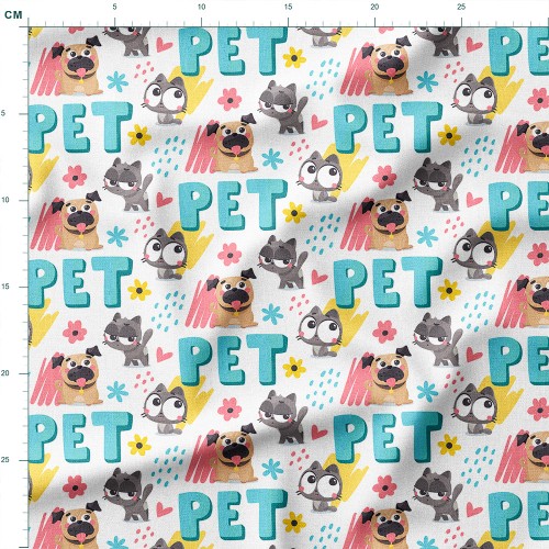 Dresówka z elastanem Kotki i mopsy z napisem PET – dzianina drukowana na metry