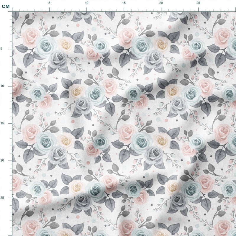 Dresówka z elastanem Szare i pudrowe róże w bukietach – dzianina drukowana na metry