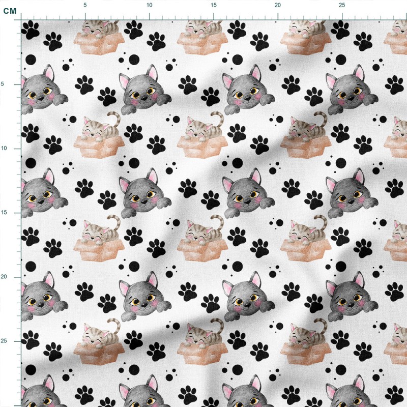 Dresówka z elastanem Koty w kartonach z odciskami łapek – dzianina drukowana na metry