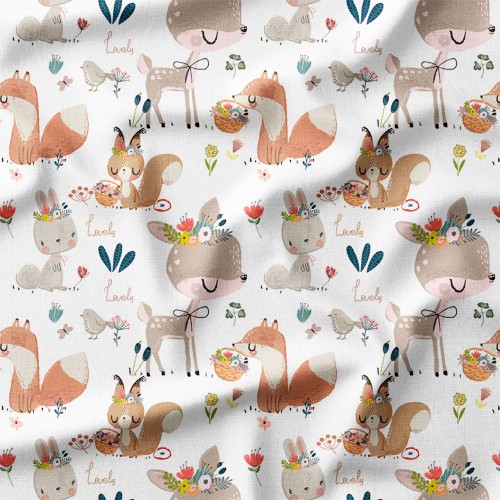 Dresówka z elastanem Leśne zwierzątka z koszykami kwiatów – dzianina drukowana na metry