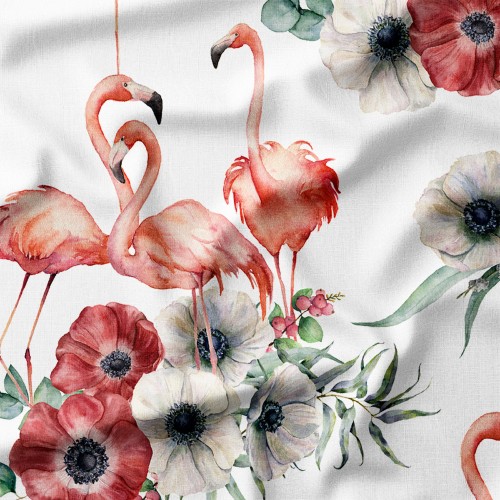Dresówka z elastanem Flamingi z akwarelowymi anemonami – dzianina drukowana na metry