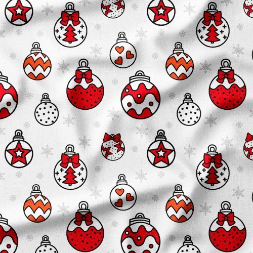 Dresówka z elastanem Choinkowe bombki ze śnieżynkami – dzianina drukowana na metry