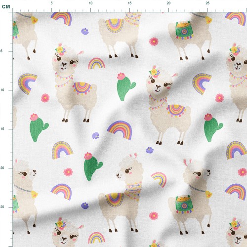 Dresówka z elastanem Lamy z kwiatami i tęczami wśród kaktusów – dzianina drukowana na metry
