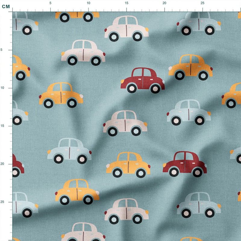 Dresówka z elastanem Kolorowe samochodziki retro – dzianina drukowana na metry