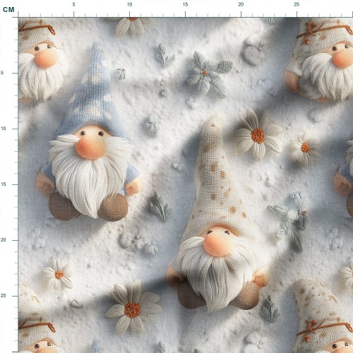 Dresówka z elastanem Brodate skrzaty w czapkach na śnieżnym tle – dzianina drukowana na metry