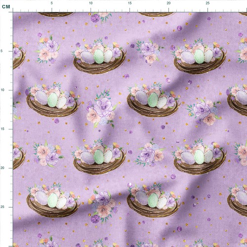 Gniazdka z pastelowymi jajkami i kwiatami